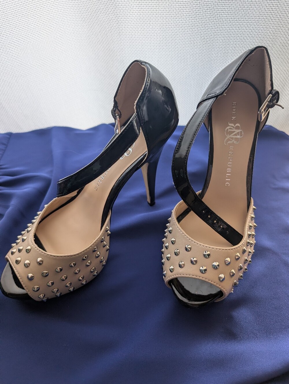 Rock & Republic Black and Nude Studded Peep-Toe Heels